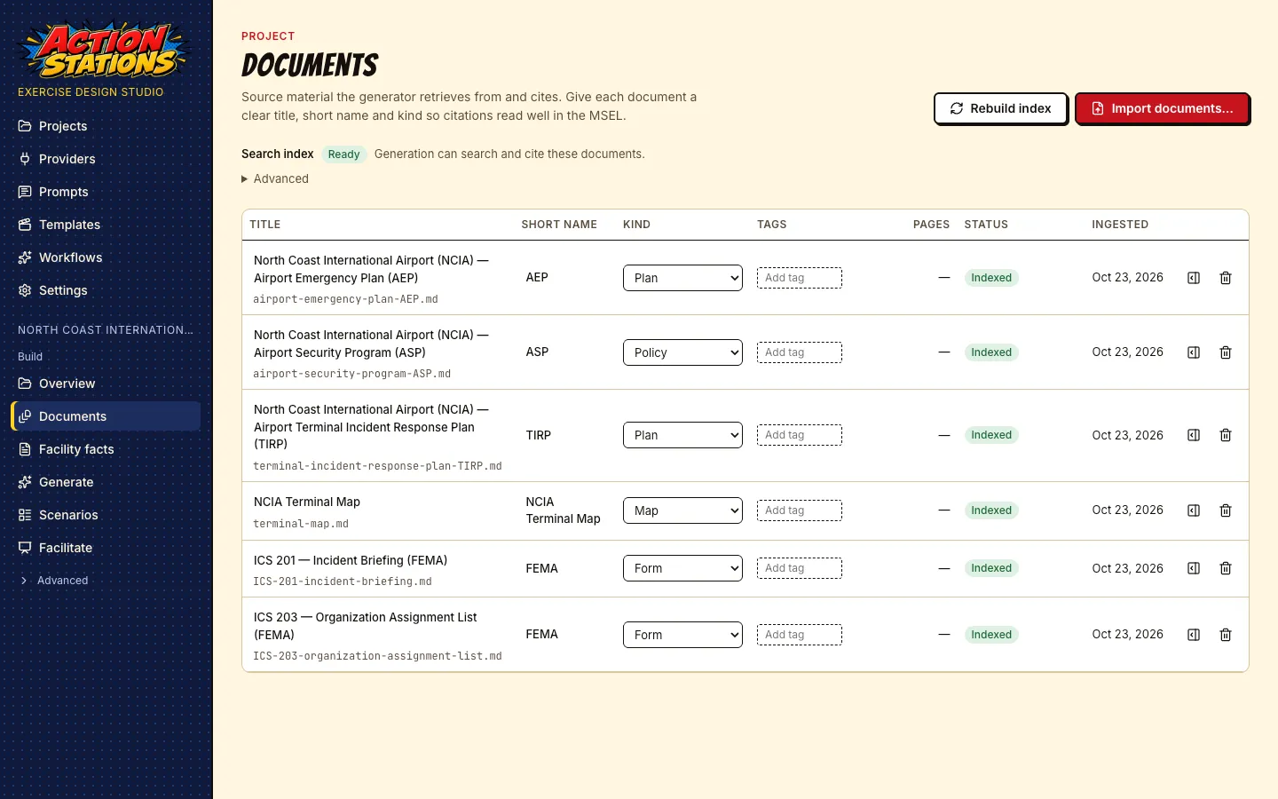 Documents page listing an airport emergency plan, security program, incident response plan, terminal map and two ICS forms, all indexed.
