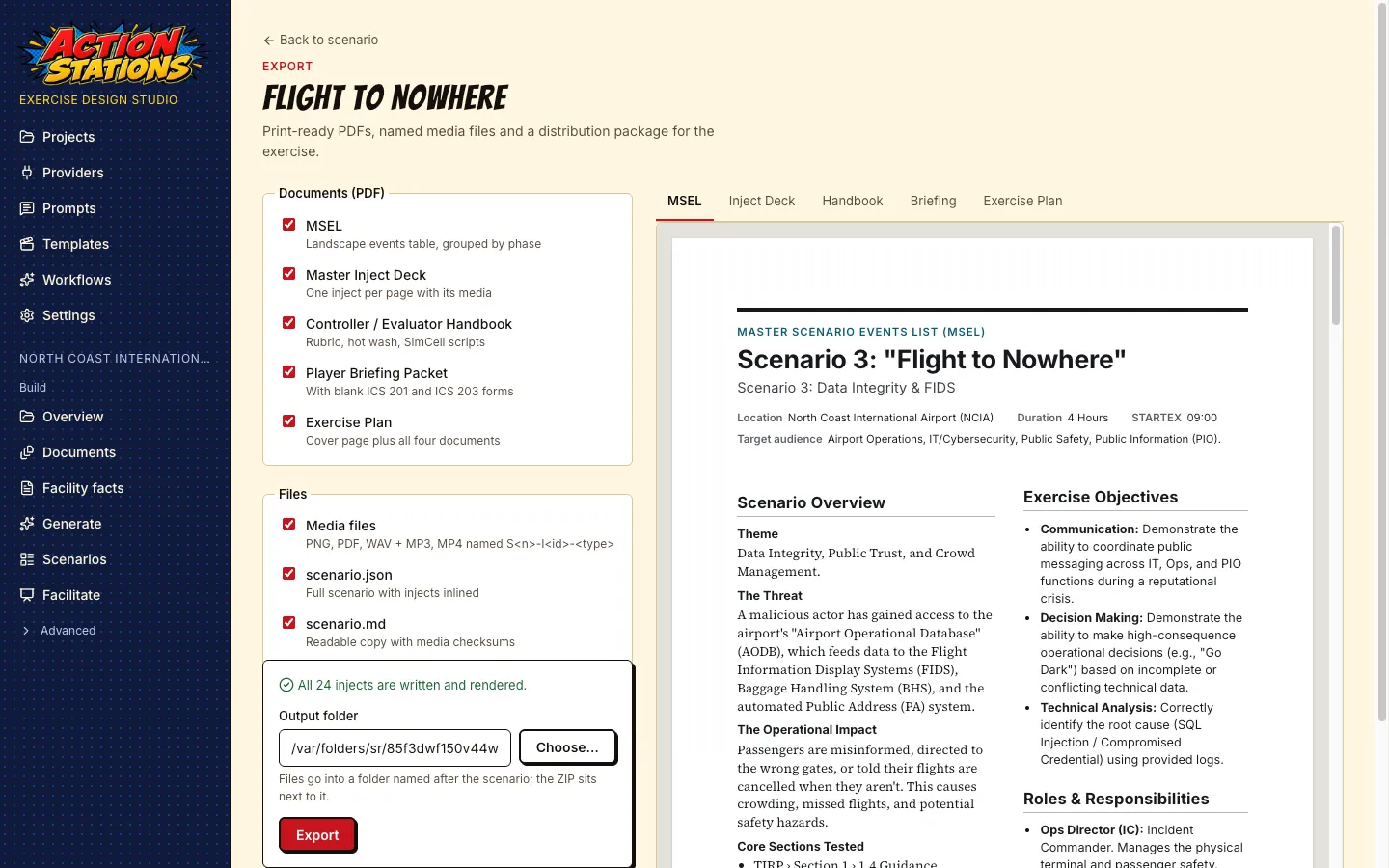 Export page with checkboxes for the MSEL, master inject deck, controller handbook, player briefing packet and exercise plan, and a preview of the MSEL PDF.