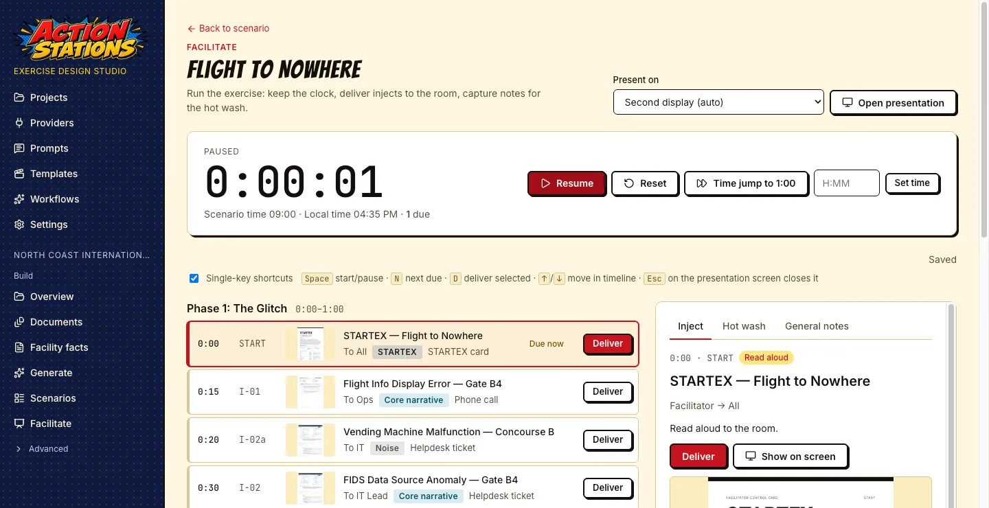 Facilitate page with an exercise clock, Resume and Time jump buttons, and a timeline of injects each with a Deliver button.