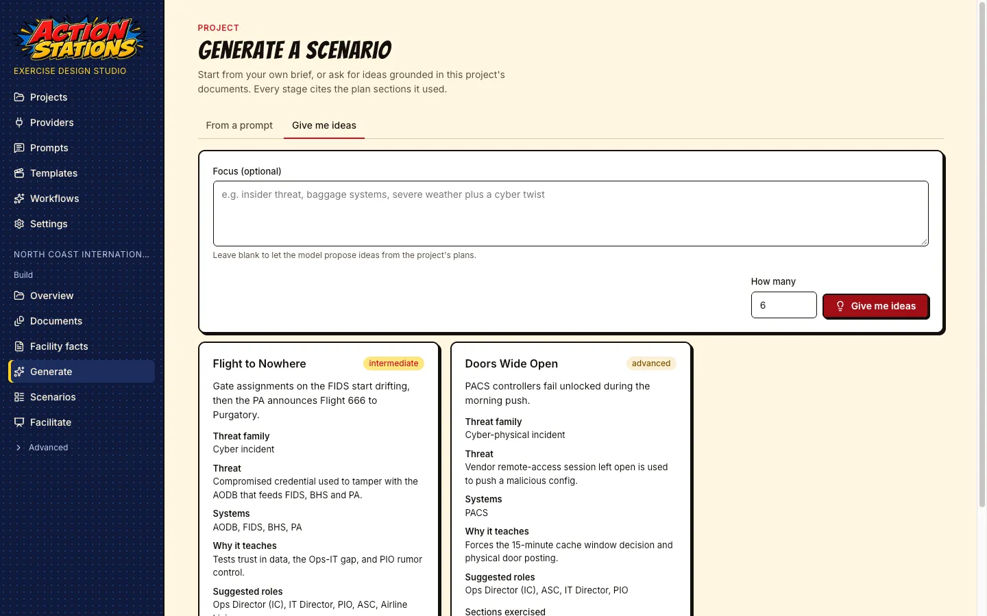 Generate page with two scenario ideas, each listing threat family, systems, why it teaches and suggested roles.