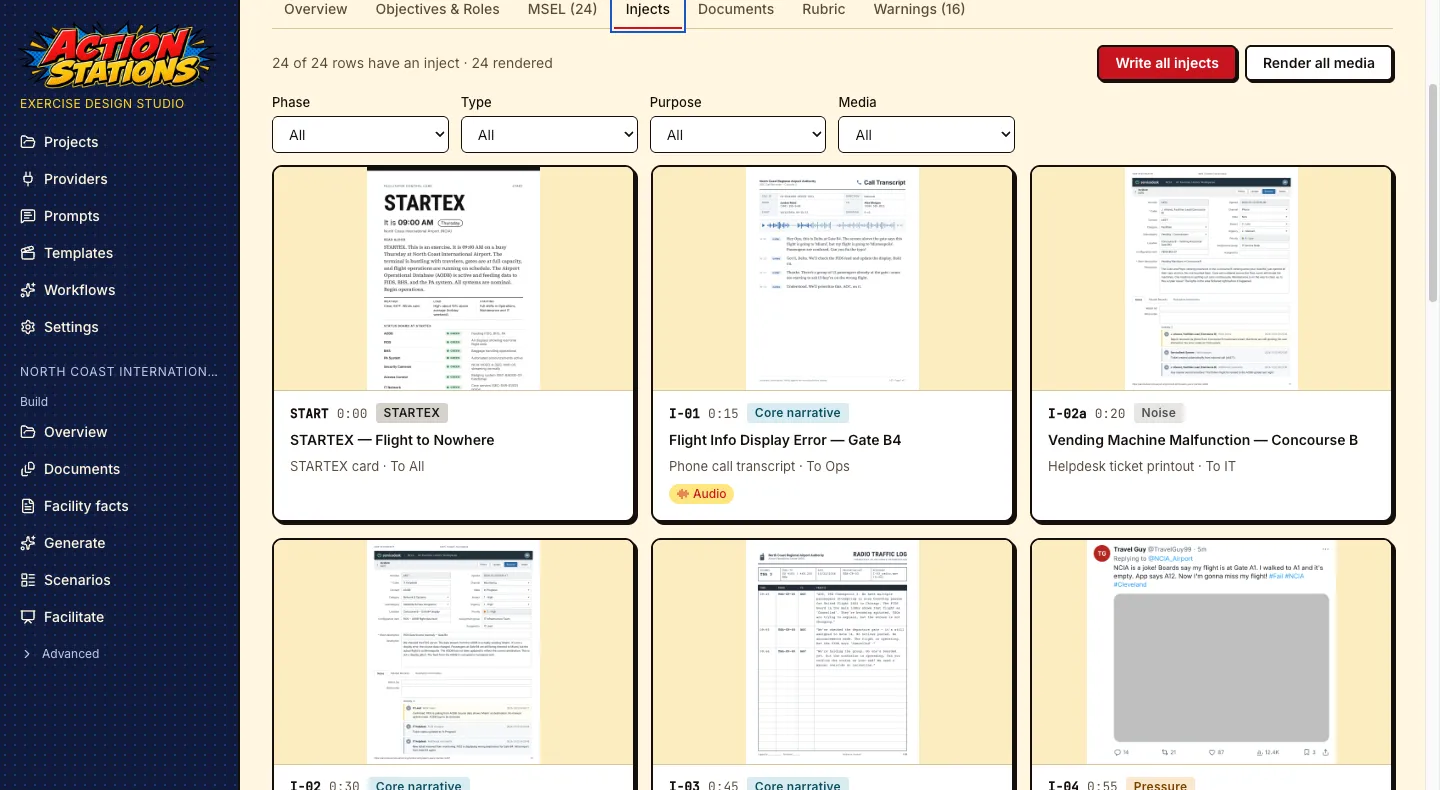 Inject deck with cards for a STARTEX card, a phone call transcript, helpdesk tickets, a radio log and a social post.