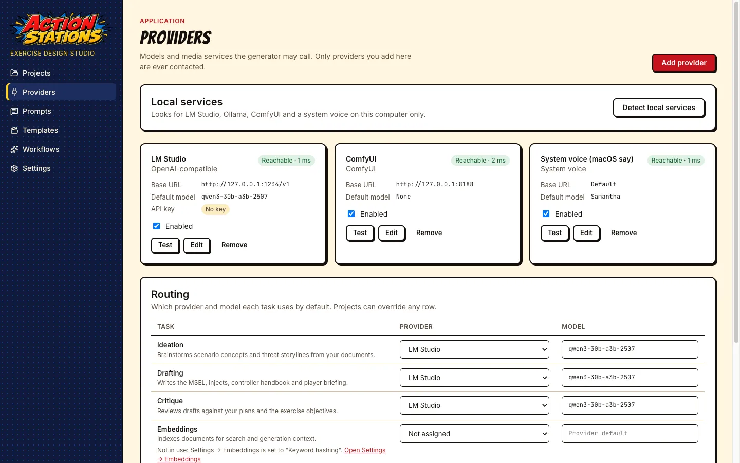 Providers page with LM Studio, ComfyUI and the macOS system voice reachable, and a routing table assigning a local model to ideation, drafting and critique.